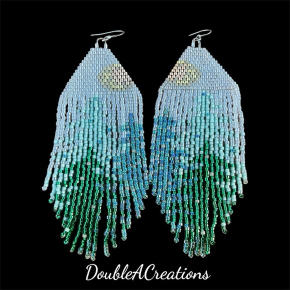 Pine Tree Beaded Earrings with Fringe, New, Handmade by Me - Picture 3 of 7